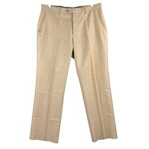 TZARELLI ITALY Mens Tan Wool Striped Dress Pants 34x27.5 Flat Front Straight Leg